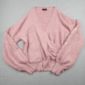 Bebe Sweater Womens XL Pink Fuzzy Wrap V Neck Balloon Sleeve Logo Knit Y2K Retro